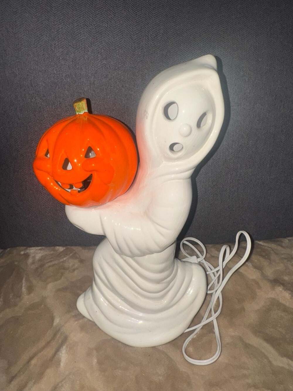 Halloween Ceramic Lighted Pumpkin Ghost 13” Blow Mold Casper UNIQUE OOAK ❤️tw11j